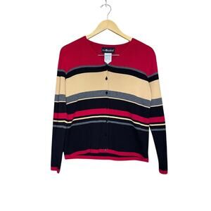 Striped Button Up Cardigan Petite Small Sag Harbor 100% Cotton 90s Academia